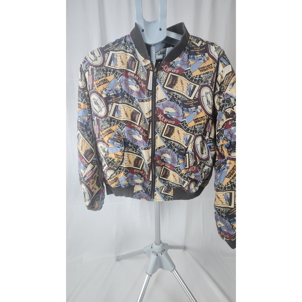 Vintage 100% Silk Women's Aviation theme Bomber cropped